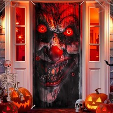 Halloween Door Cover Decorations, Red Eyes Scary Clown Happy Wooden