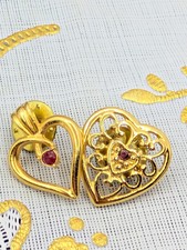 Set 2 Harriet Carter Pins Hearts gold plated filigree swirl ruby garnet ? stones