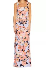 Adrianna Papell Dress Maxi Mermaid Opal Coral Print Crepe Gown Tags Womens 14