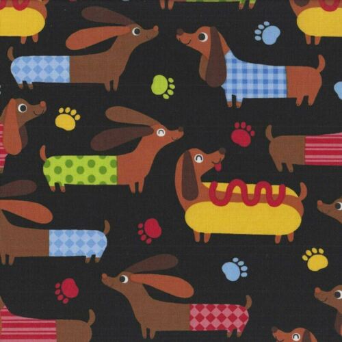 Hot Dog Dachshunds Black Cotton Quilting Fabric 1/2 YARD - Picture 1 of 1