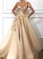 Flowers Evening Dresses High Split Sweetheart Neck Party One-Shoulder Prom Gowns