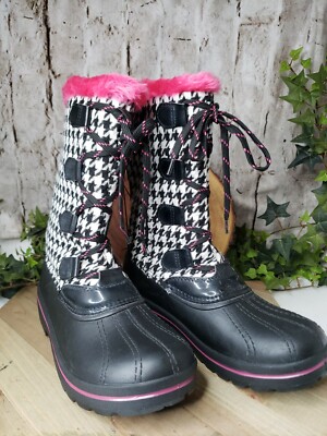 Ozark Trail Girls Women s Black Houndstooth Winter Boots Size 6 Pink Lined ZIP