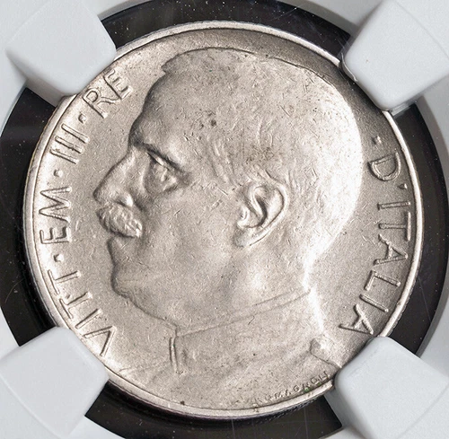 1925, Italy, Victor Emmanuel III. Ni 50 Centesimi Coin. Reeded Edge! NGC AU-55!