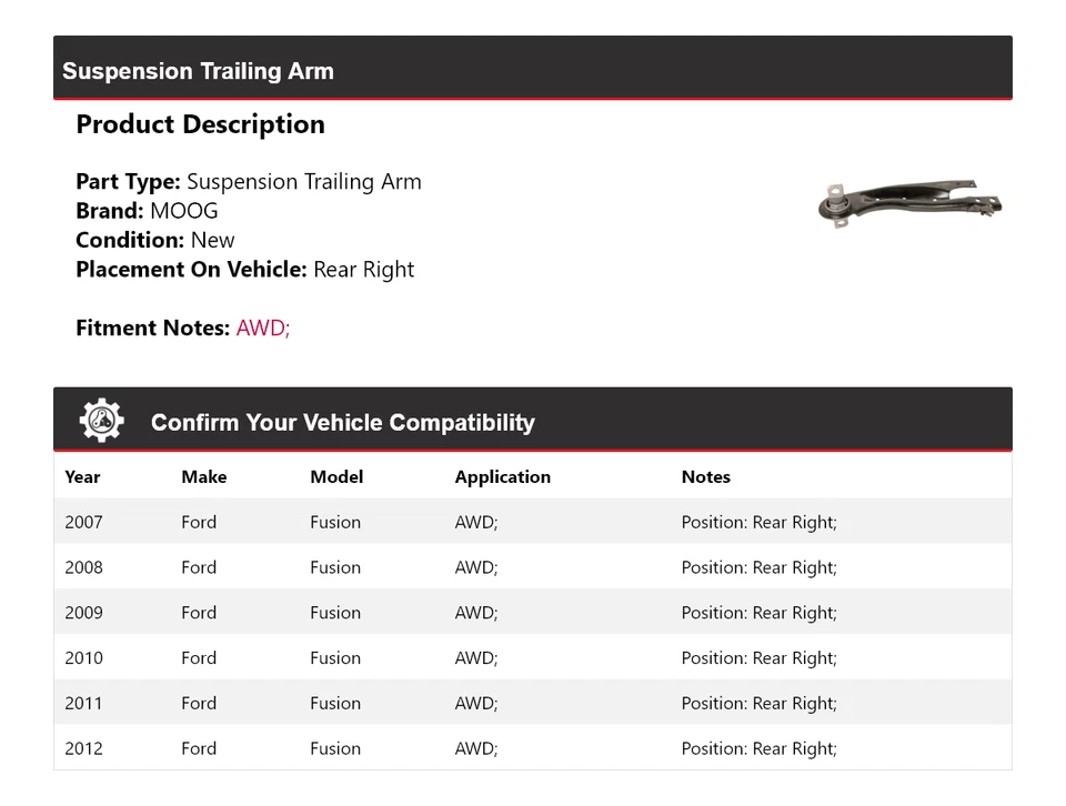 Para 2007-2012 Ford Fusion AWD suspensão braço traseiro direito MOOG 2007 2008 - Imagem 2 de 4