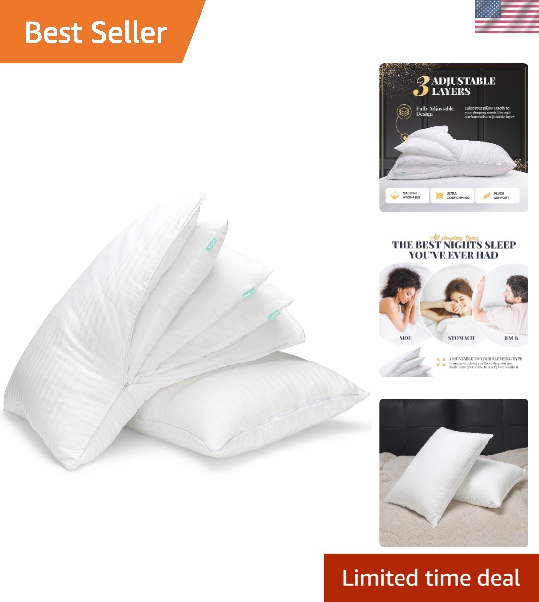 Adjustable Layer Pillows for Sleeping - Set of 2, Cooling, Luxury Pillows for...