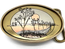 Oden Solid Brass Belt Buckle Etched Landscape Scene 3.25"x2.25" Oval w/Box USA