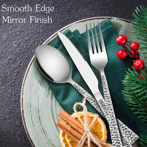 E-Far 60-Piece Silverware Set, Hammered Stainless Steel Square Flatware Cutlery  - Afbeelding 3 van 12