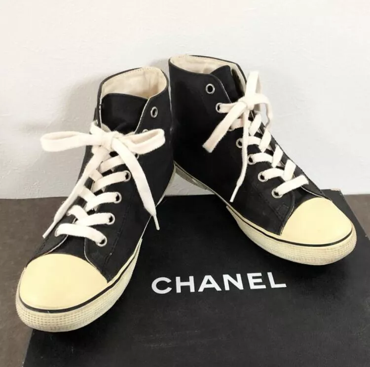 Chanel CC Logo High Cut Sneakers String Shoes White Black