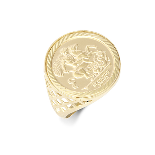 Bague Or Jaune 9 Carats - Montage Demi Souverain Saint Georges Et Dragon - Taille Unique