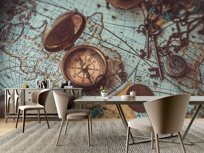 3D World Map Compass Blue Round Self-adhesive Removeable Wallpaper Wall Mural