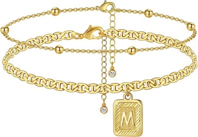 Lot 2-WOWSHOW Women's 14K Gold Plated ''M'' Initial Square & Ball Chain Anklets