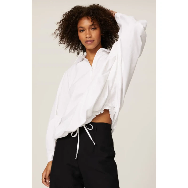 Mossi Puff Sleeve Blouse 42 M Drawstring Waist Button Front