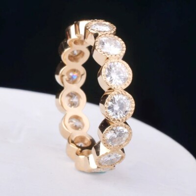 Round Cut Moissanite Bezel Eternity Wedding Band Ring 14k Yellow Gold ...
