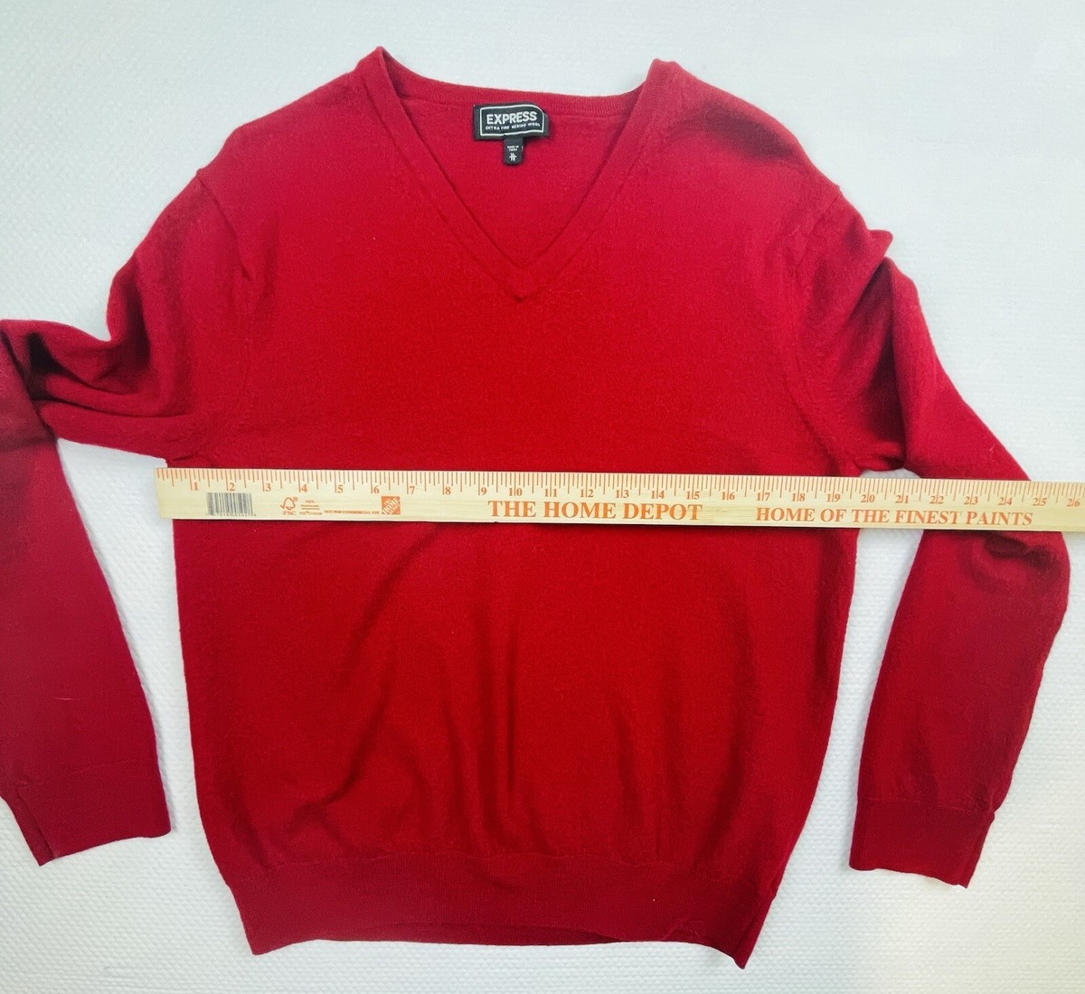 Express Sweater Merino Wool Red Mens Large V-Neck Pullover Long
