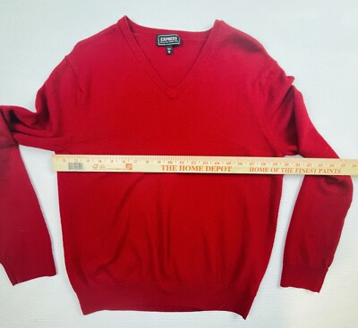 Express Sweater Merino Wool Red Mens Large V-Neck Pullover Long