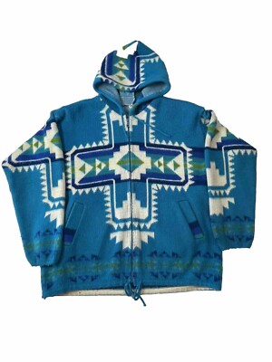 VTG Artesanias Tuntaquimba WOOL Hoodie Jacket LARGE TURQUOISE AZTEK SOUTHWEST