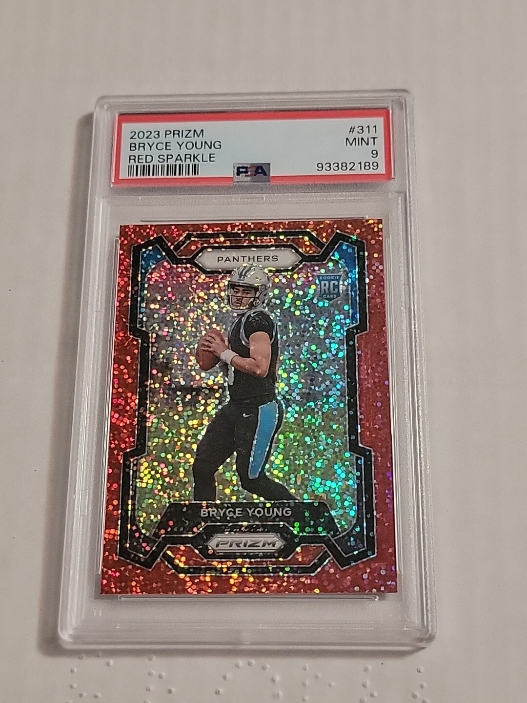 Bryce Young 2023 Panini Prizm Red Sparkle SSP Panthers Rookie #311 PSA 9