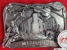 Vintage 1984 Missouri Banjo Horse Cabin Solid Metal Belt Buckle USA