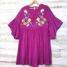 Umgee Women's Dress Purple Floral Embroidered M Baby Doll Boho Flared Sleeve