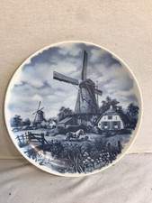 Assiette DELFT BLAUW Céramique + Dessin Moulins Blanc & Bleu Vintage #D273