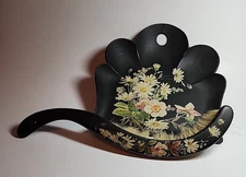 Antique Silent Butler Crumb Tray&Brush Victorian Papier Mache Black w/Daisy