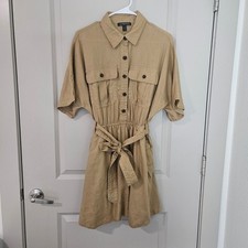 Banana Republic Womens Linen Safari Utility Shirt Dress Khaki Tan Sz M Belted
