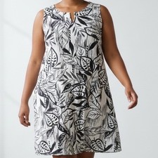 Tahari Womens 2X Black White Tropical Leaf Print 100% Linen Sleeveless Dress