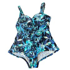 Vintage Le Cove Swimsuit Size 18 Floral Hawaiian One Piece Built In Bra Blue
