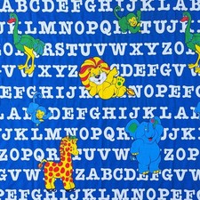 Vtg Alphabet Animals Fabric Lion Giraffe Elephant Monkey Blue Yellow 46"x 109"