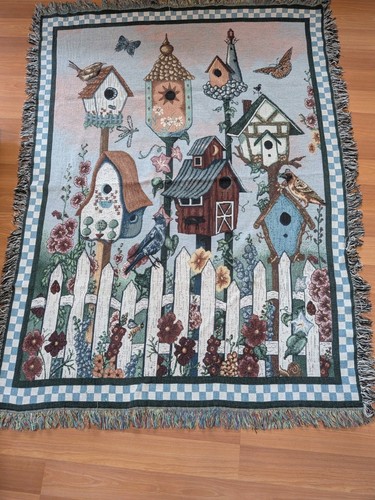 Vtg Birdhouse Flower Garden Butterfly Throw 48x64 Woven Tapestry Bird Read