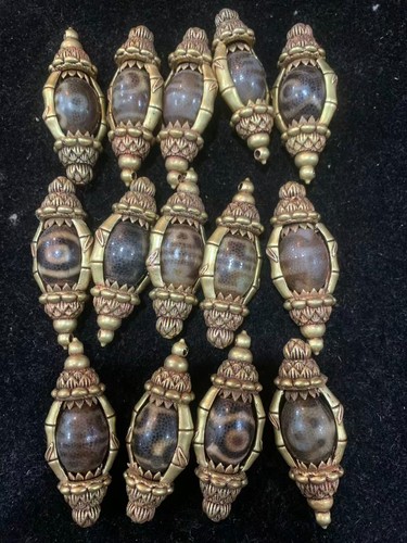 14Pcs Pure Tibetan Brass Inlay Old Natural Agate Dzi Prayer Bead Pendants
