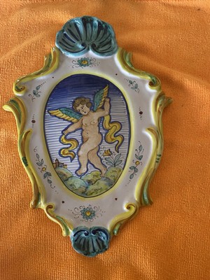 Fiori Italian  Angel Cherub Hand Painted Hanging Wall Art 11  Plaque Hand signed