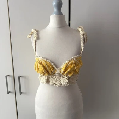 Free People Sweet On You Crochet Bra Size S Open Knit Lace Up Back Handmade - Image 1 of 4