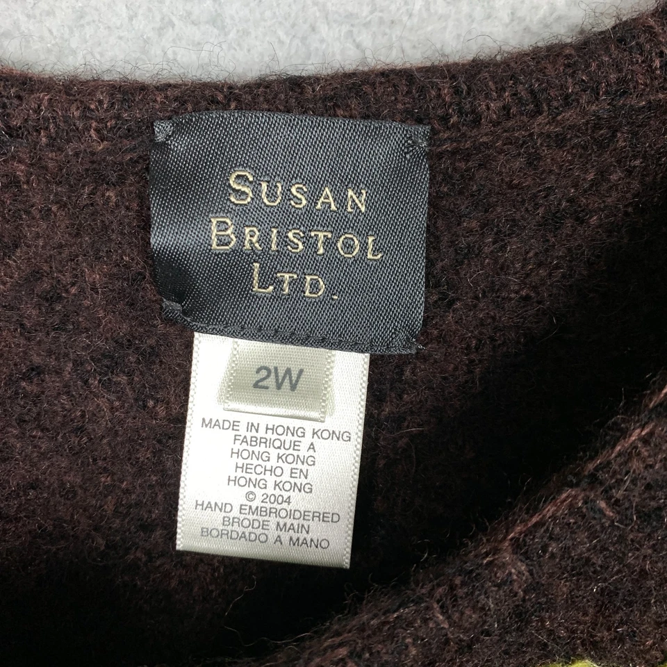 VTG Susan Bristol Cardigan Sweater Plus 2W Brown Hand Embroidered Floral Rare - Image 3 of 4