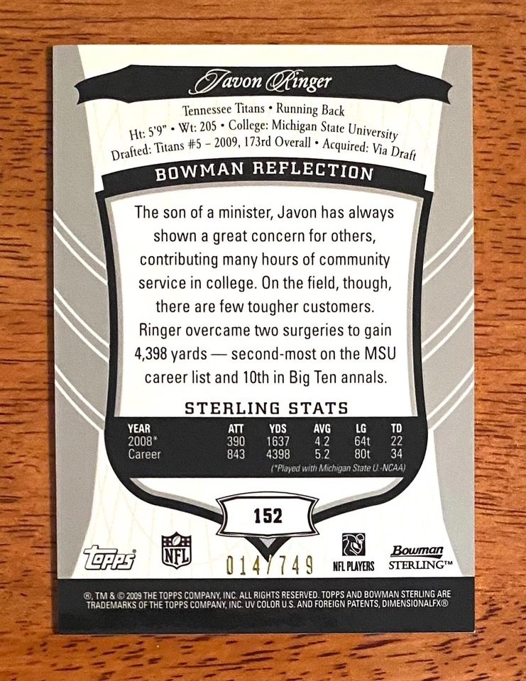 Javon Ringer 2009 Bowman Sterling Rookie Jersey Relic 014/749 Titans - image 2 of 2