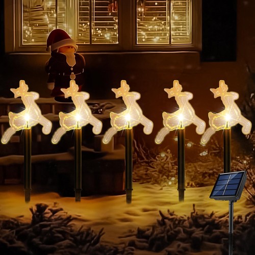 Solar Christmas Pathway Lights Outdoor, Set of 5 Waterproof Solar Stake Chris...