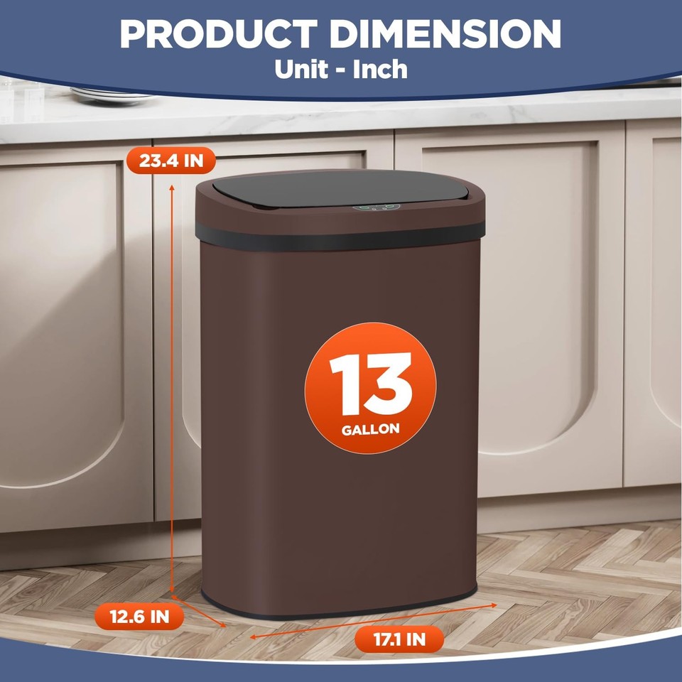 13 Gallon Kitchen Trash Can Automatic Touch Free Garbage Can with Lid ...