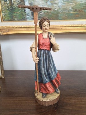 Hand-Carved Wooden Peasant Girl w/ Rake Folk Art Figurine Painted Rustic Vintage