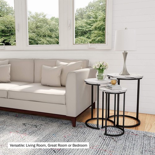 Set of 3 Round Marble Look MDF Steel Nesting Side Coffee Tables Stacking Sofa - Picture 24 of 26