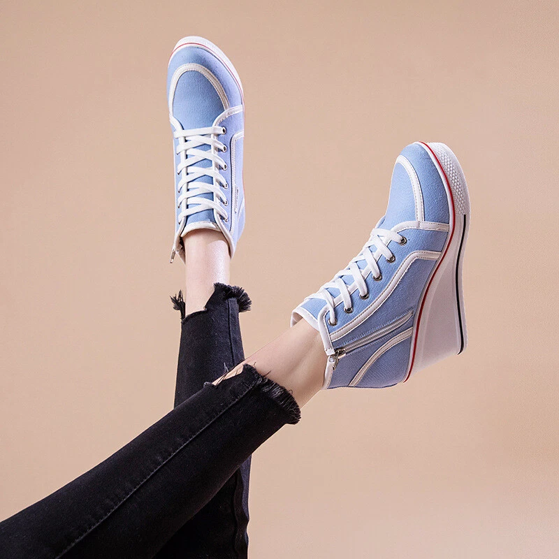 Wedge Heel Canvas Sneakers Bordered Lace Up Sporty Pink Walking Girl Shoes 35 43