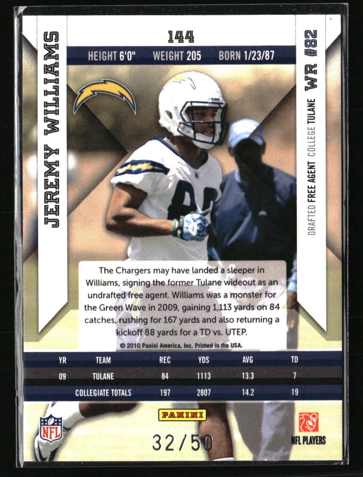 Jeremy Williams 2010 Panini Epix #144 /50 Football Card - Image 2 of 2