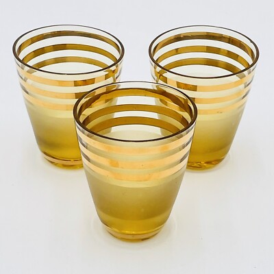 BOHEMIAN CZECH  SET 3 Bohemia Crystal Shot Liqueur Glasses FROSTED AMBER Gold