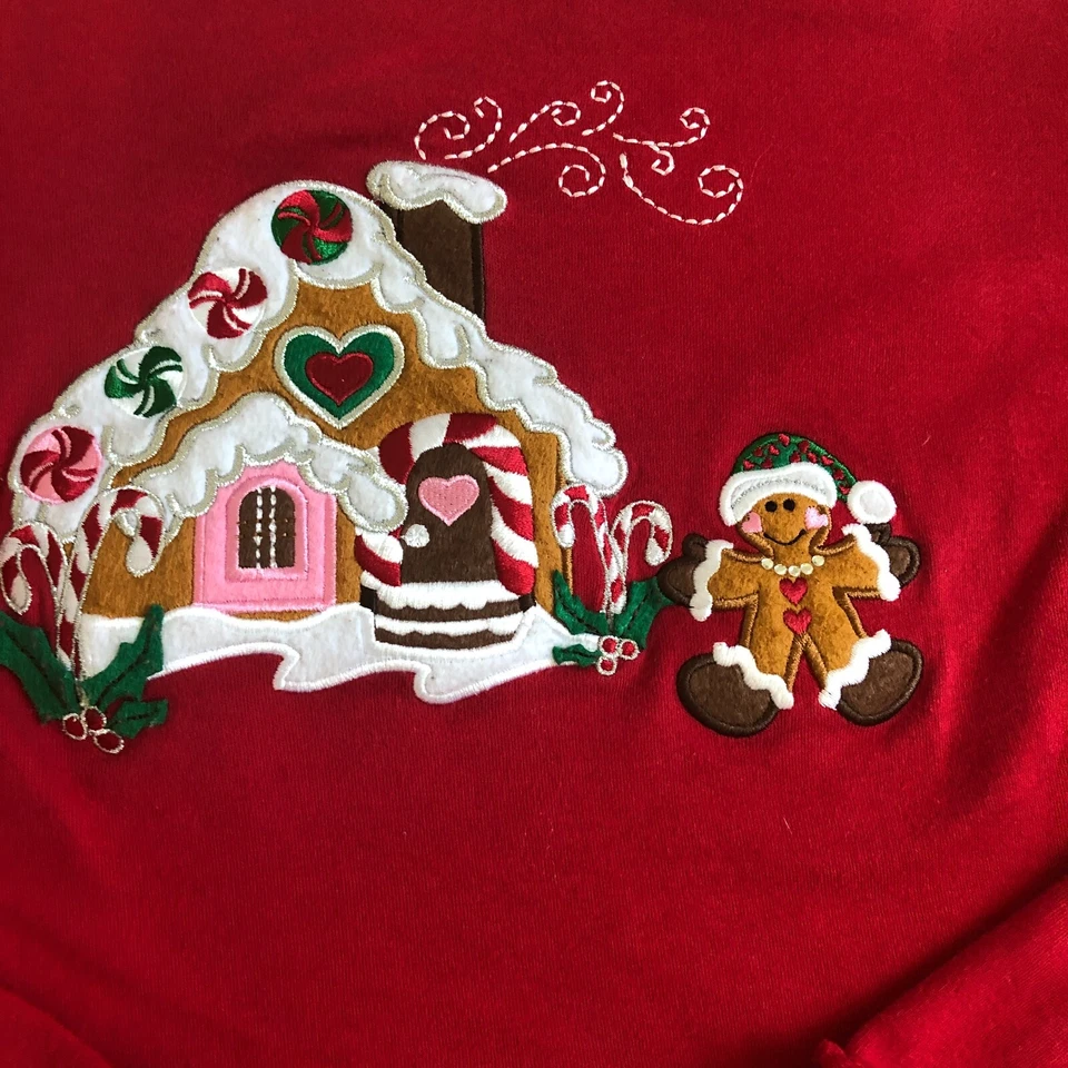 Top Copper Key para mujer talla 16 rojo Navidad pan de jengibre casa bordado manga larga Foto 3 de 4