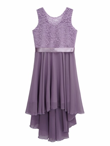 UK Kids Girls Chiffon Dresses Lace Floral High Low Pendulum Silk Waistband Gown - Picture 12 of 81