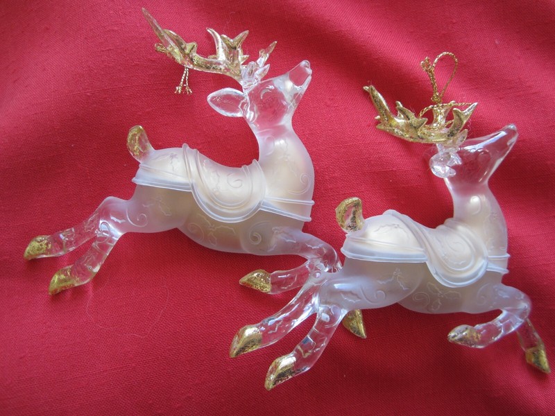 Lot of 2 FLYING ANTLER REINDEER Clear & Gold with Glitter Accent Xmas Ornaments
