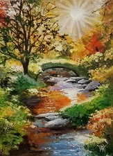 YARY DLUHOS Sunrise Trees Landscape River Water Sun Original Art Oil Painting
