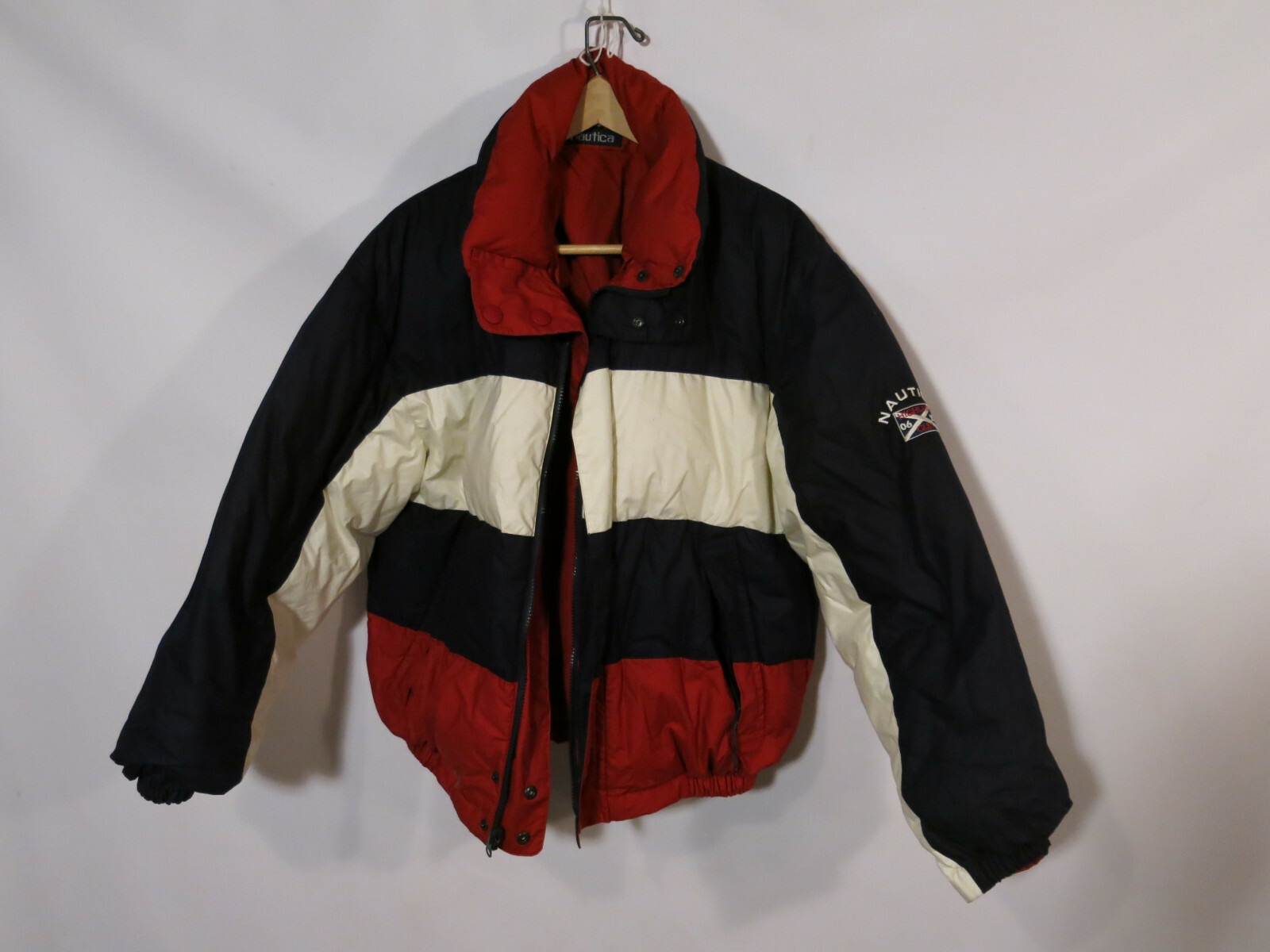 red white and blue bubble coat