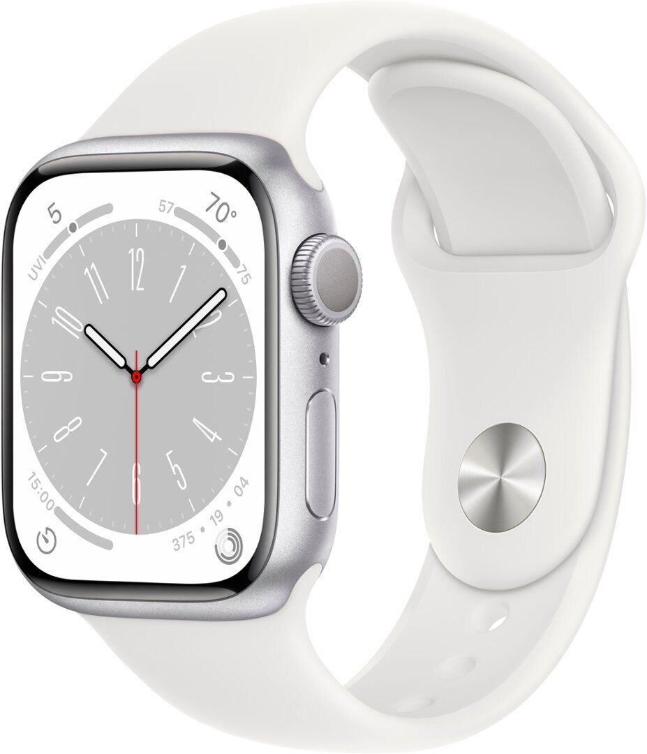 Apple+Watch+Series+8+GPS+45mm+Silver+Aluminum+Case+White+Sport+Band+Size+M%2FL+-+MP6Q3LL%2FA  for sale online