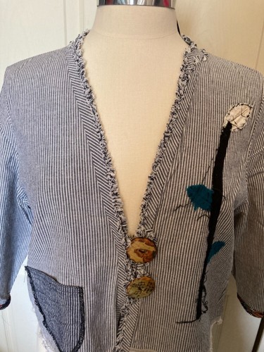 Lee Anderson Blue & White Stripe Applique Bolero Art-to-Wear Jacket Top Topper M - Picture 7 of 10