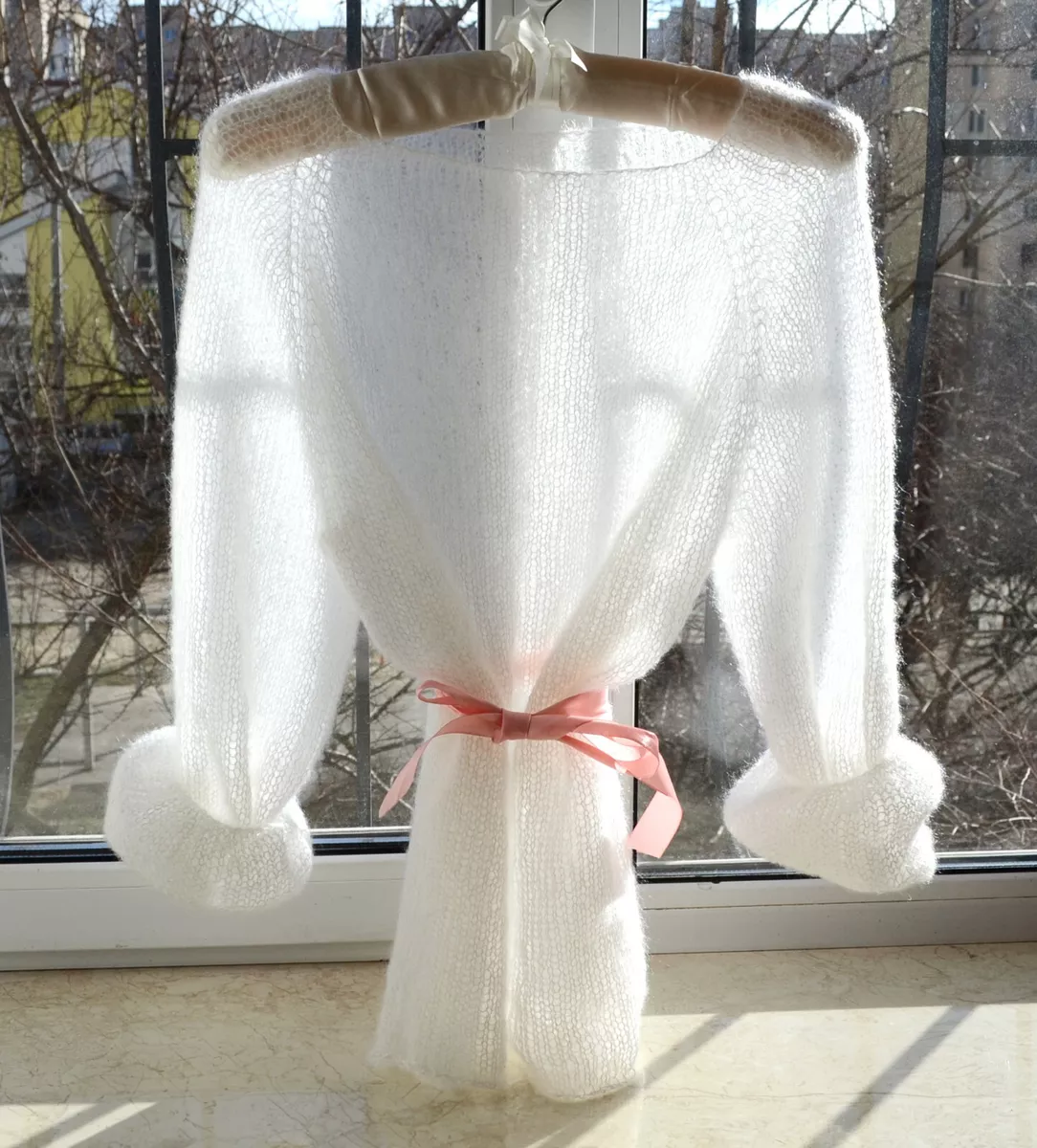 White Women Bridal Kid Mohair Sweater, Minimalistic Oversized Wool Hand Knit
